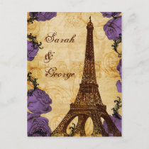 purple vintage eiffel tower Paris wedding rsvp Invitation Postcard