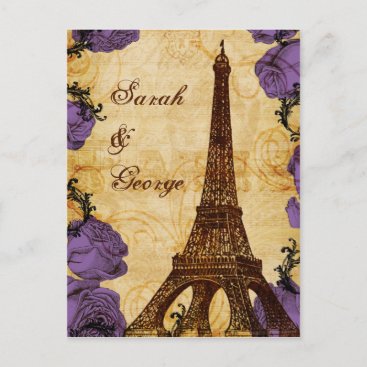 purple vintage eiffel tower Paris wedding rsvp Invitation Postcard