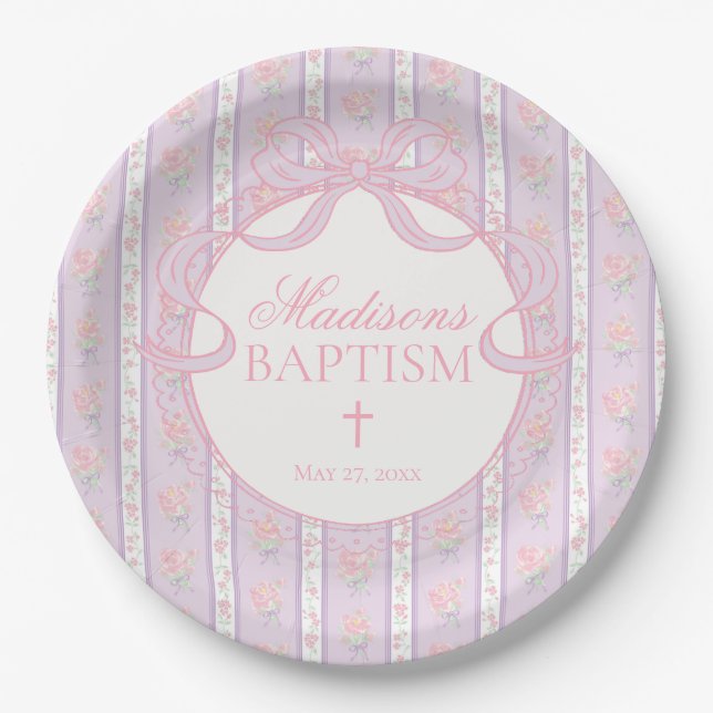 Purple Vintage Fancy Floral Baptism Paper Plates (Front)