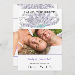 Purple Vintage Feather Fan Wedding Save the Date Invitation