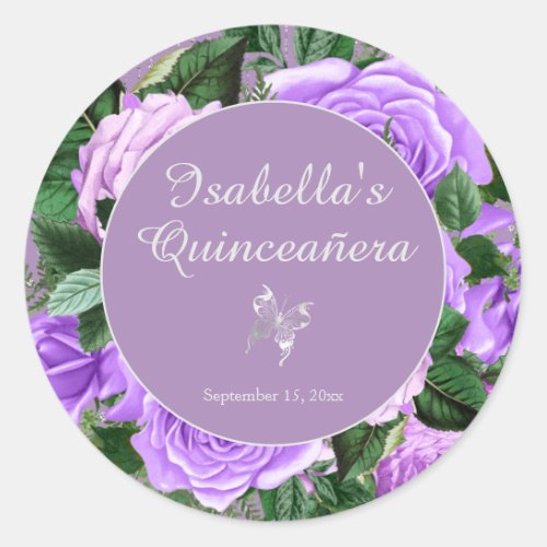 Purple Vintage Floral Butterfly Quinceaera   Classic Round Sticker