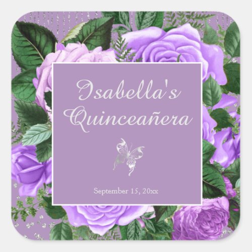 Purple Vintage Floral Butterfly Quinceaera  Squar Square Sticker