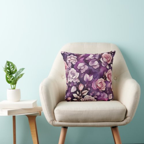 Purple Vintage Floral in Watercolor Outdoor Pillow