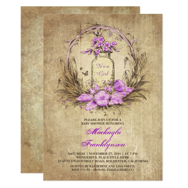 Purple Vintage Floral Mason Jar Rustic Baby Shower Invitation