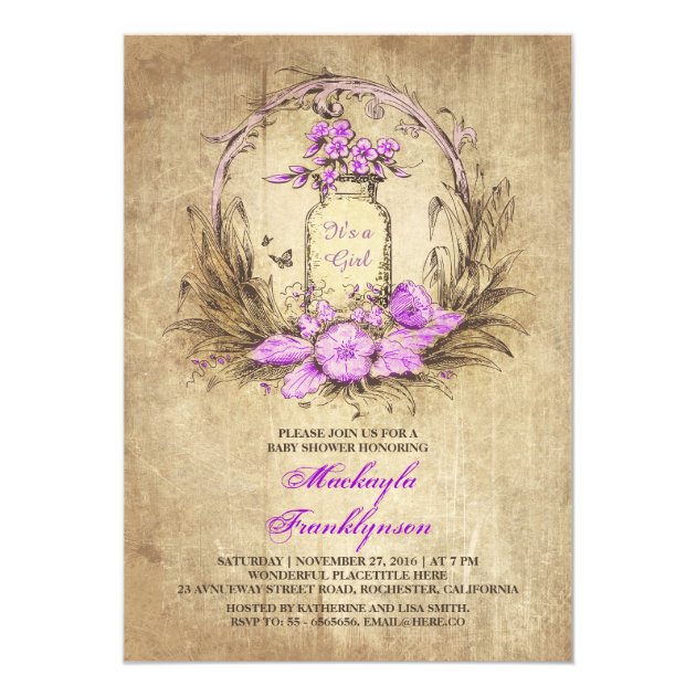 Purple Vintage Floral Mason Jar Rustic Baby Shower Invitation