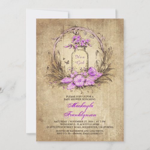 purple vintage floral mason jar rustic baby shower invitation