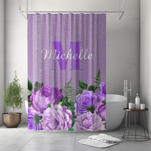 Purple Vintage Floral Silver Glitter Monogram Shower Curtain