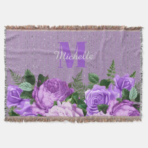 Purple Vintage Floral Silver Glitter Monogram Throw Blanket