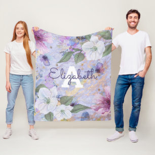 Purple vintage floral watercolor monogram name fleece blanket