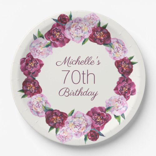 Purple Vintage Floral Wreath 70th Birthday  Paper Plates