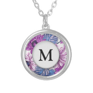 Purple Vintage Flower Pattern Silver Plated Necklace
