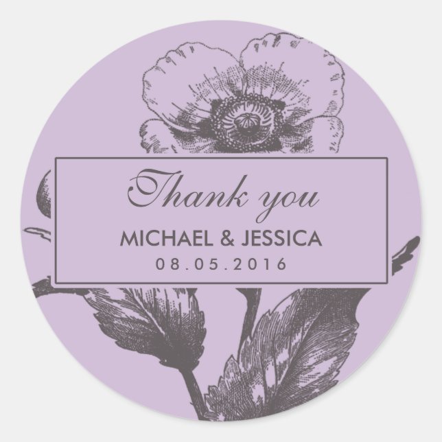 Purple Vintage Flower Wedding Thank You Sticker (Front)