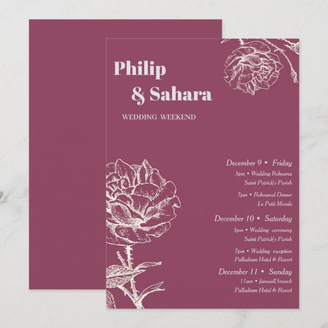 Purple Vintage Flowers Wedding Itinerary Invitation (Front/Back)
