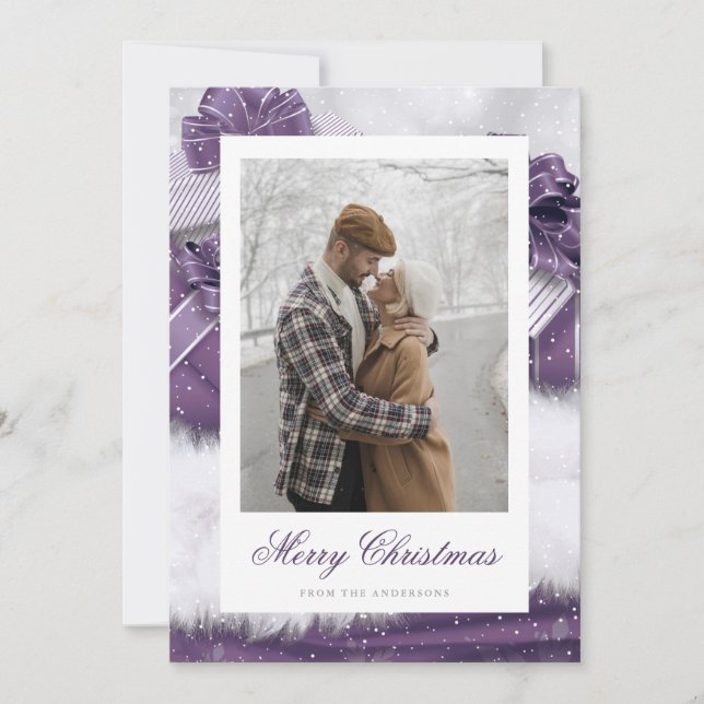 Purple Vintage Gift Snow Photo Christmas Cards (Front)