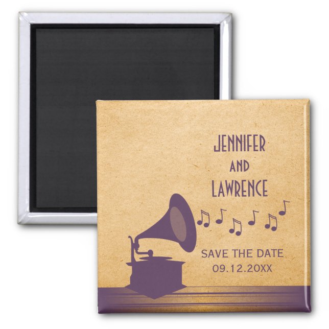 Purple Vintage Gramophone Save the Date Magnet (Front)