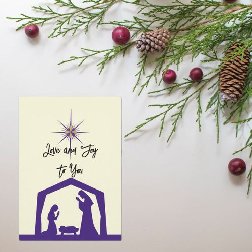 Purple Vintage Nativity Love and Joy  Photo Holly Holiday Card