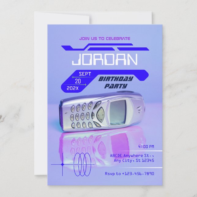 PURPLE VINTAGE PHONE FUTURISTIC BIRTHDAY INVITATION (Front)