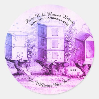 Purple Vintage Round Bee Hives Honey Jar Sticker by DizzyDebbie at Zazzle