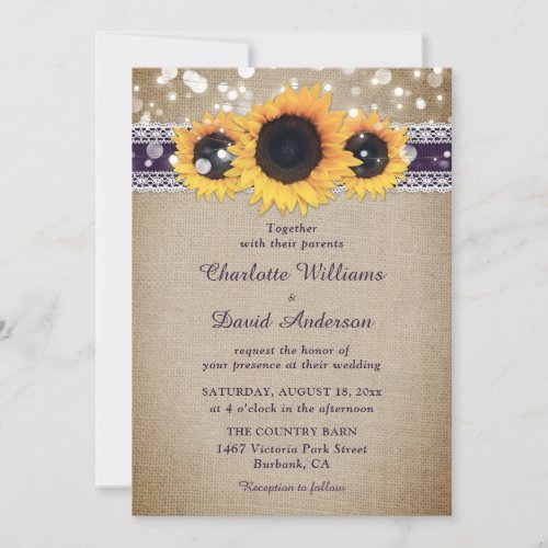 Purple Vintage Sunflower Burlap Lace Wedding Invitation