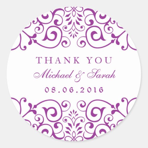 Purple Vintage Swirl Floral Thank You Stickers