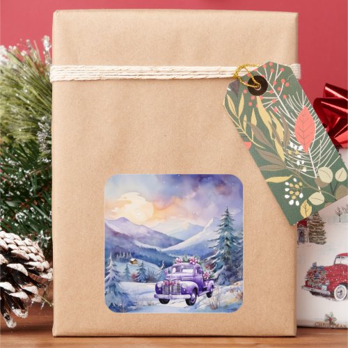 Purple Vintage Truck and Mountains Christmas Square Sticker