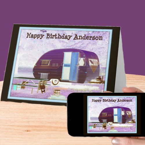 Purple Vintage Vibe Camper Trailer Happy Birthday Card