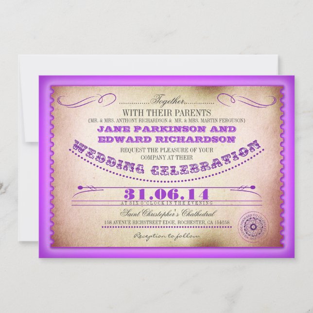 Purple vintage wedding invitations - tickets (Front)