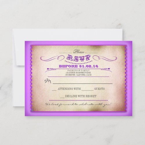 Purple vintage wedding RSVP cards - tickets