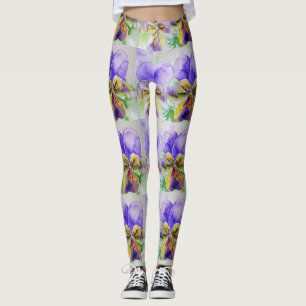 Purple Viola Floral Flower Watercolor Leggings