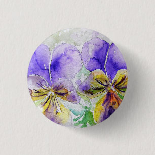 Purple Viola Floral flowers Watercolor Painting Button
