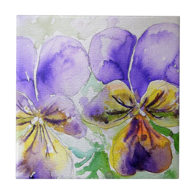 Purple Viola Floral flowers Watercolor Painting Ceramic Tile (Front)