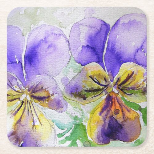 Purple Viola Floral flowers Watercolor Painting Gl Square Paper Coaster