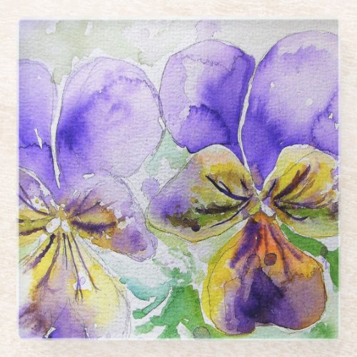 Purple Viola Floral flowers Watercolor Painting Glass Coaster