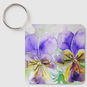 Purple Viola Floral flowers Watercolor Painting Ke Keychain