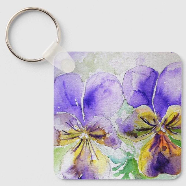 Purple Viola Floral flowers Watercolor Painting Ke Keychain (Front)