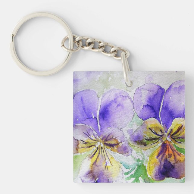 Purple Viola Floral flowers Watercolor Painting Ke Keychain (Front)
