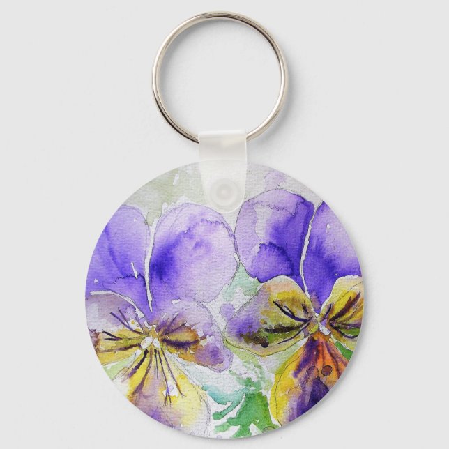 Purple Viola Floral flowers Watercolor Painting Keychain (Front)