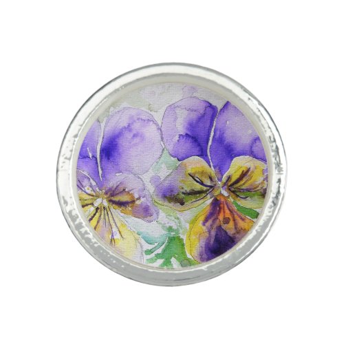 Purple Viola Floral flowers Watercolor Painting Ring