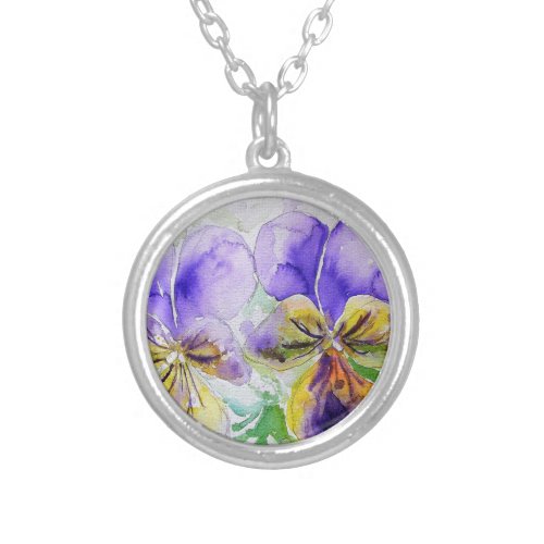 Purple Viola Floral flowers Watercolor Painting Silver Plated Necklace