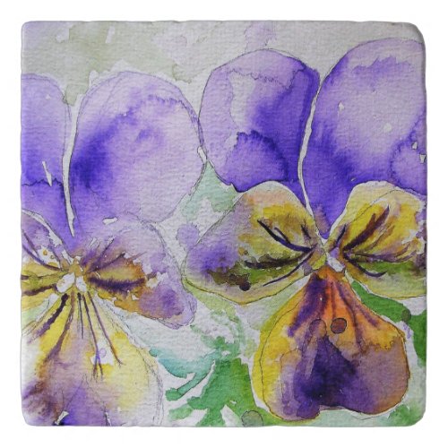 Purple Viola Floral flowers Watercolor Painting Trivet