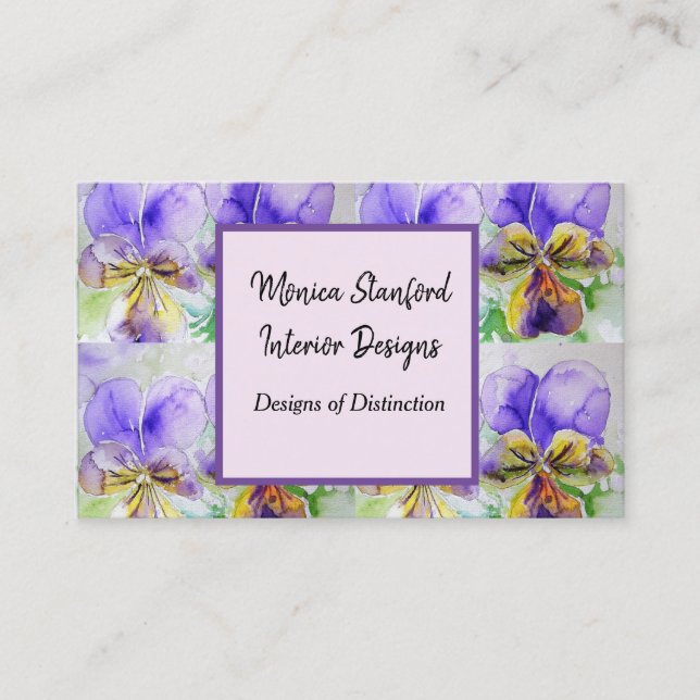 Purple Viola Flowers Watercolour Business Card (Front)