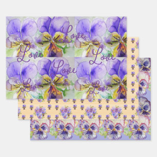 Purple Viola Pansies flower Watercolor Love Wrapping Paper Sheets