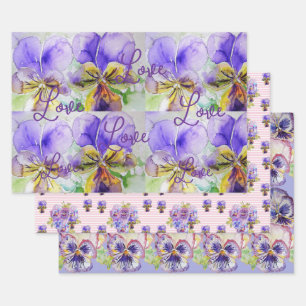 Purple Viola Pansies flower Watercolor Love Wrapping Paper Sheets