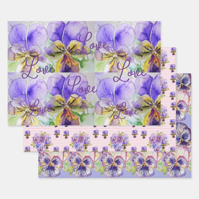 Purple Viola Pansies flower Watercolor Love Wrapping Paper Sheets (Set)