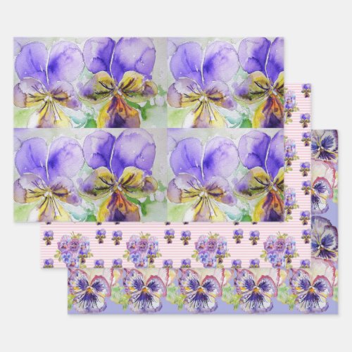 Purple Viola Pansies flower Watercolor Painting Wrapping Paper Sheets