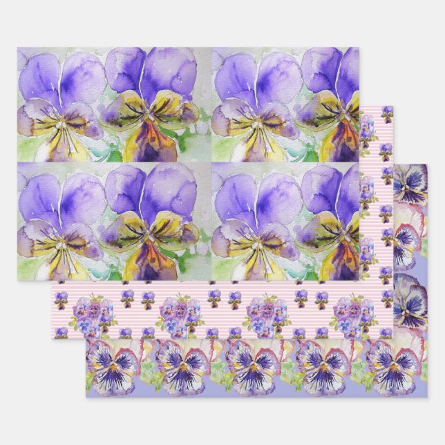 Purple Viola Pansies flower Watercolor Painting Wrapping Paper Sheets (Set)