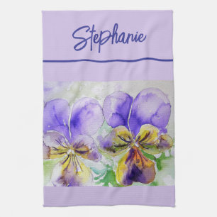 Purple Viola Watercolor Womens Lavender Lilac Kitchen Towel
