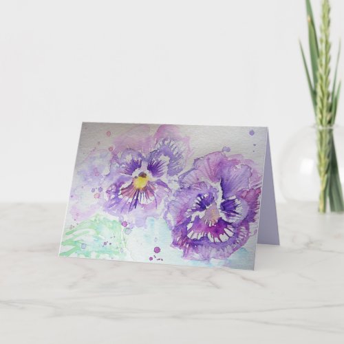 Purple Violas Pansy Watercolour art Birthday Card