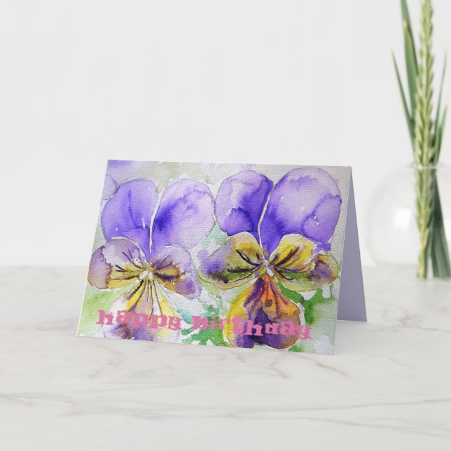 Purple Violas Pansy Watercolour art Birthday Card (Front)