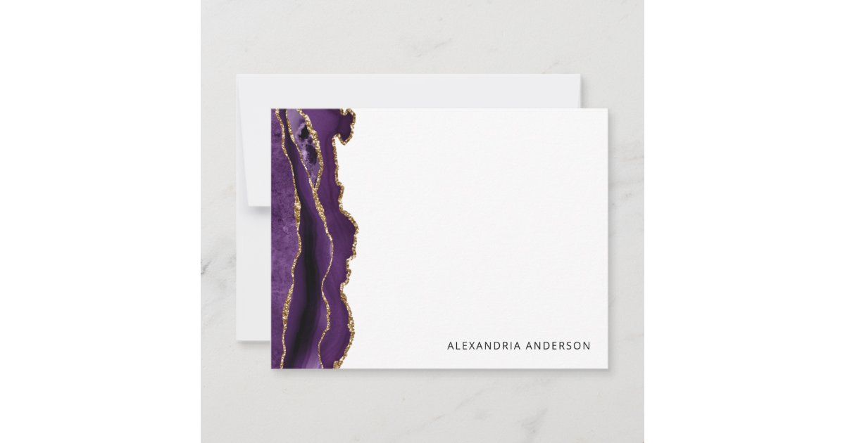 Purple Violet Agate Gold Glitter Glam Marble Geode Note Card | Zazzle